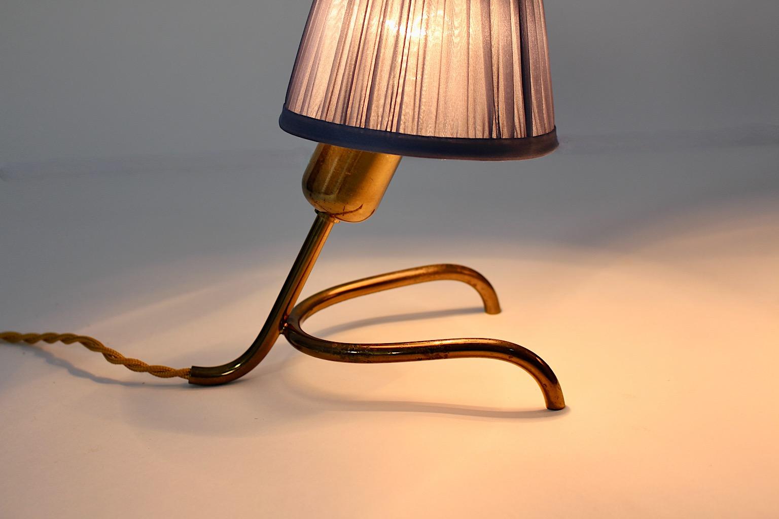 Mid Century Modern Vintage Brass Table Lamps Pair Duo Pastel Blue 1950s Austria For Sale 2