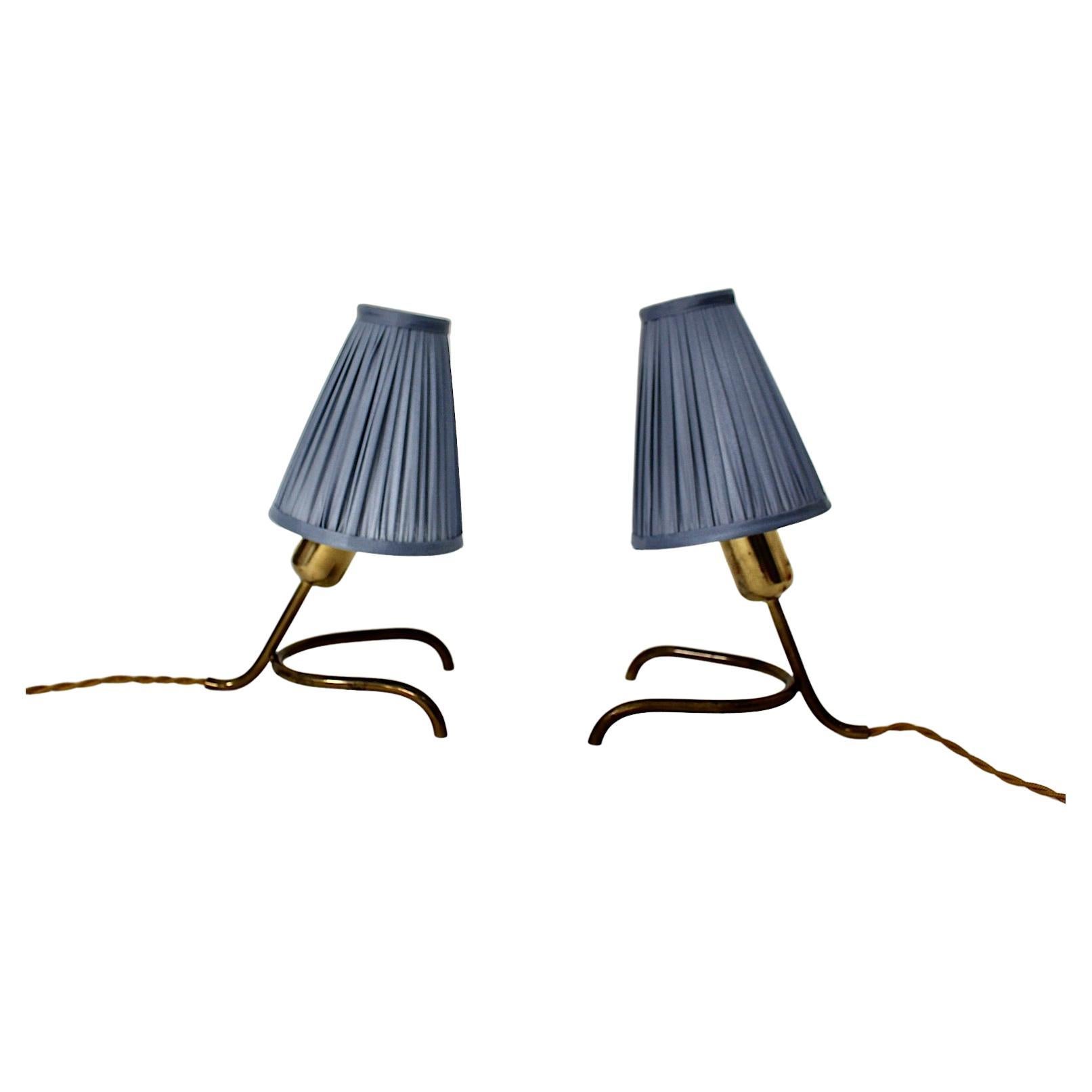 Mid Century Modern Vintage Brass Table Lamps Pair Duo Pastel Blue 1950s Austria For Sale