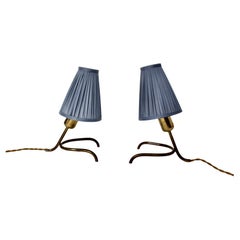 Mid Century Modern Vintage Brass Table Lamps Pair Duo Pastel Blue 1950s Austria