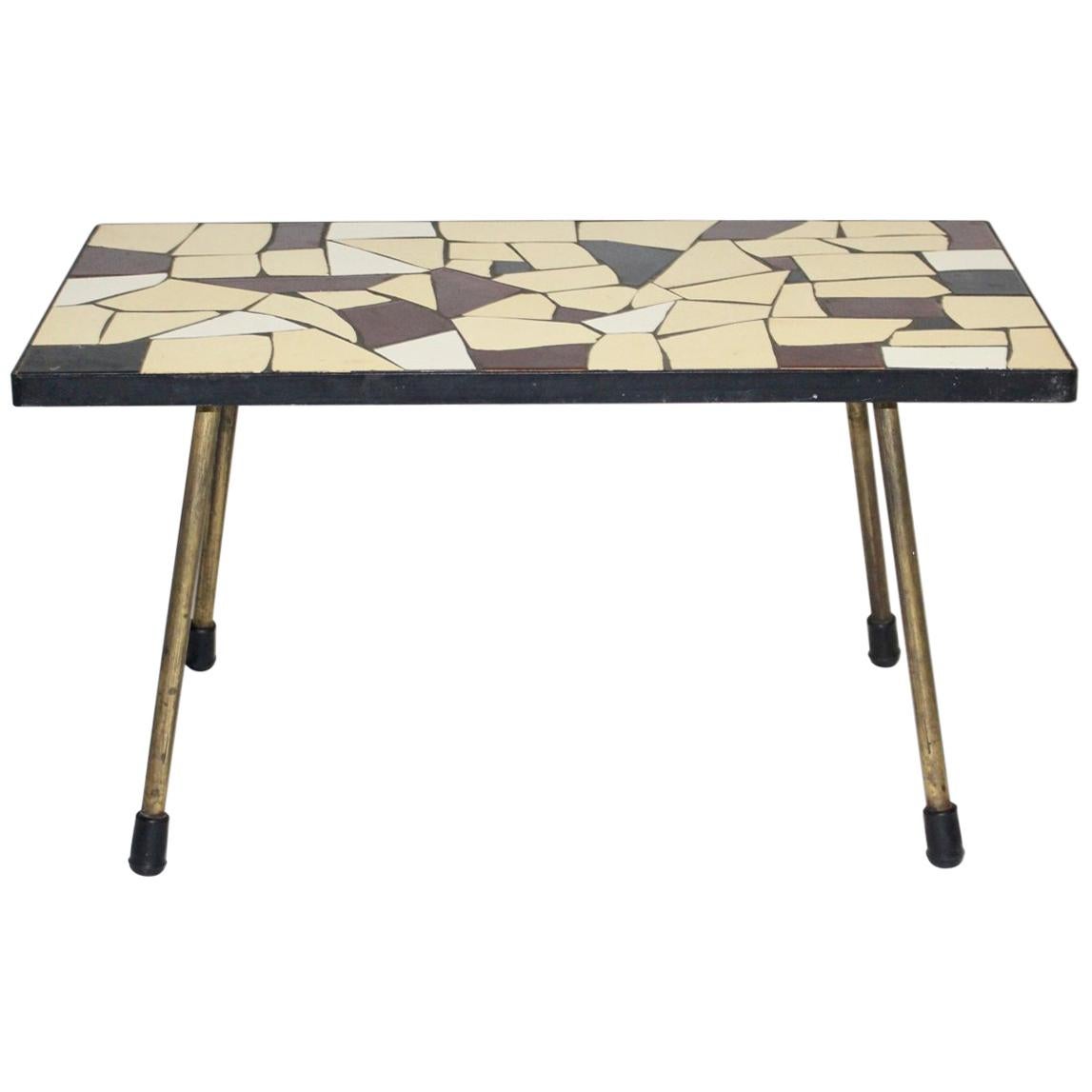 Mid-Century Modern Vintage Brass White Brown Ceramic Tile Sofa Table, circa 1950 For Sale