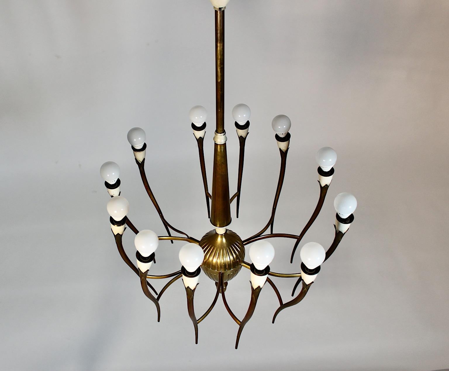 Mid Century Modern Vintage Brass White Chandelier Twelve Arms Gio Ponti Italy For Sale 3