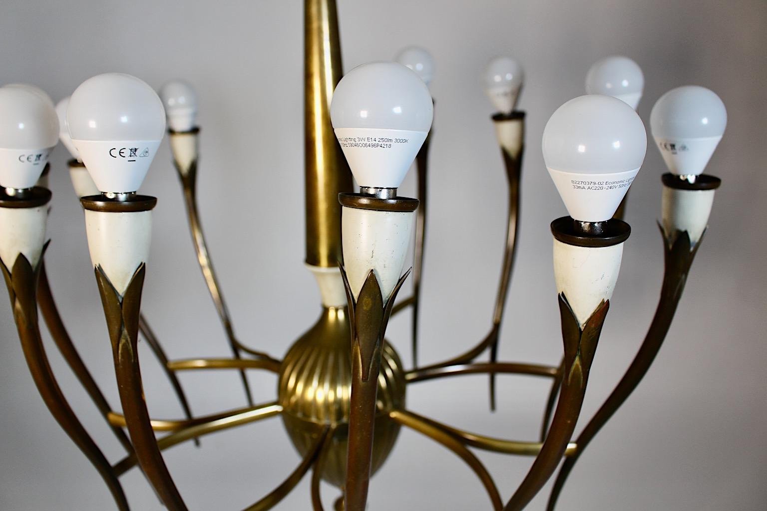 Mid Century Modern Vintage Brass White Chandelier Twelve Arms Gio Ponti Italy For Sale 4
