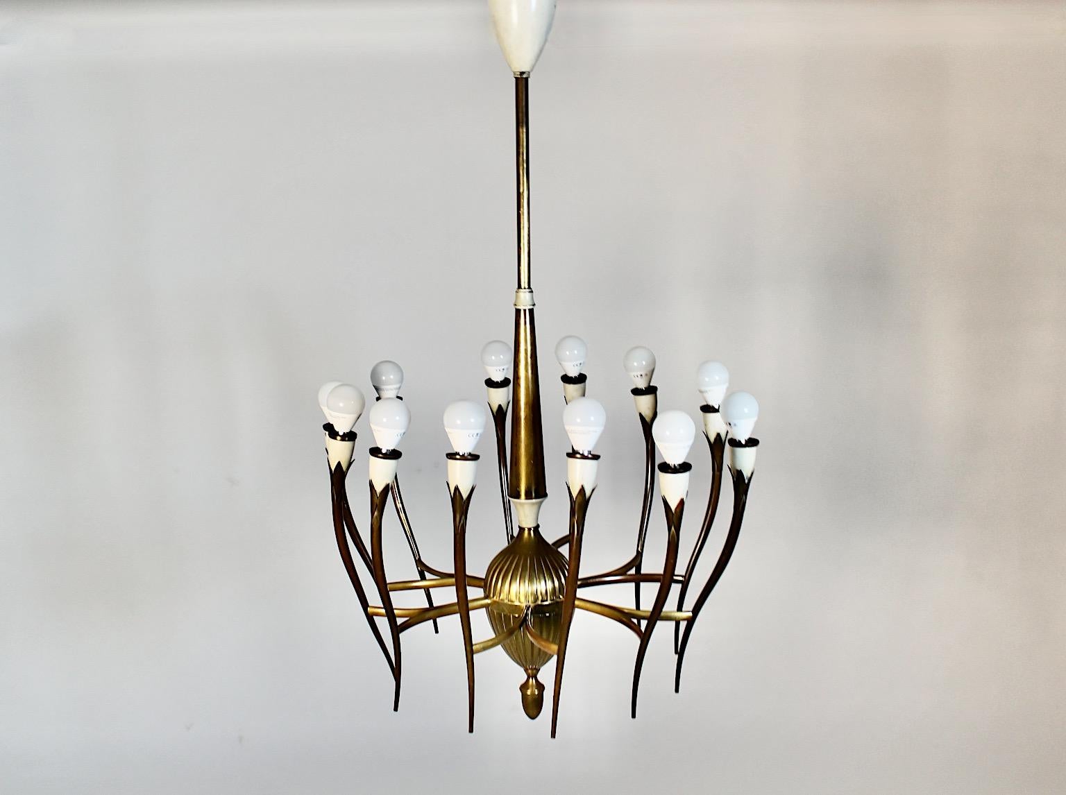 Mid Century Modern Vintage Brass White Chandelier Twelve Arms Gio Ponti Italy For Sale 6
