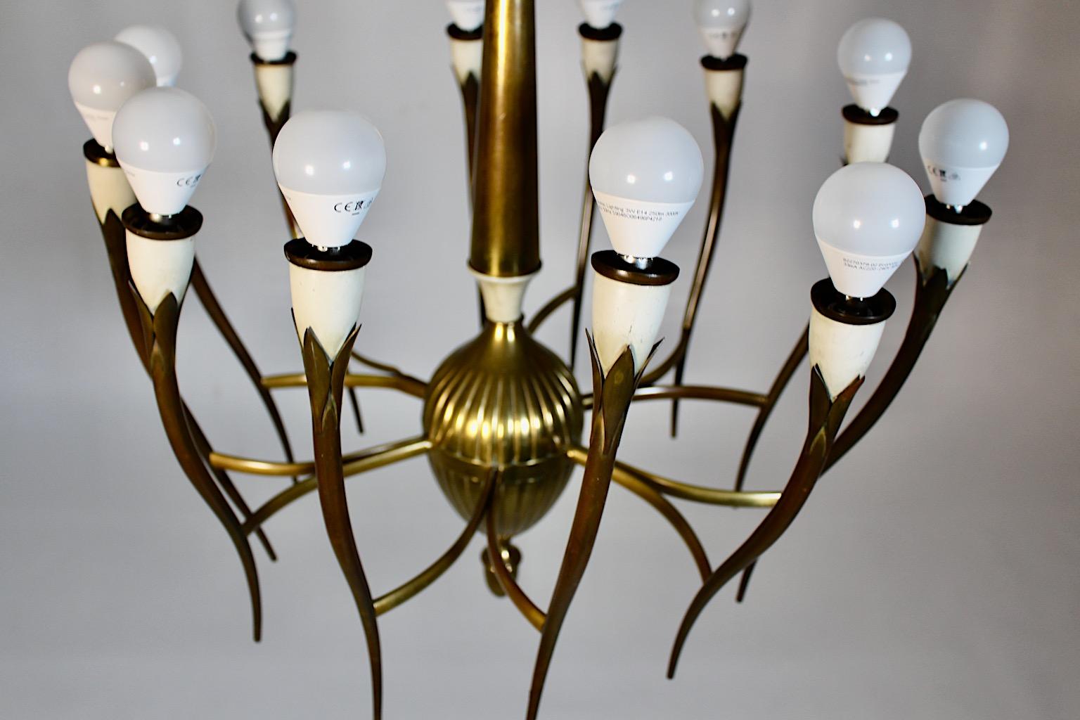 Mid Century Modern Vintage Brass White Chandelier Twelve Arms Gio Ponti Italy For Sale 7