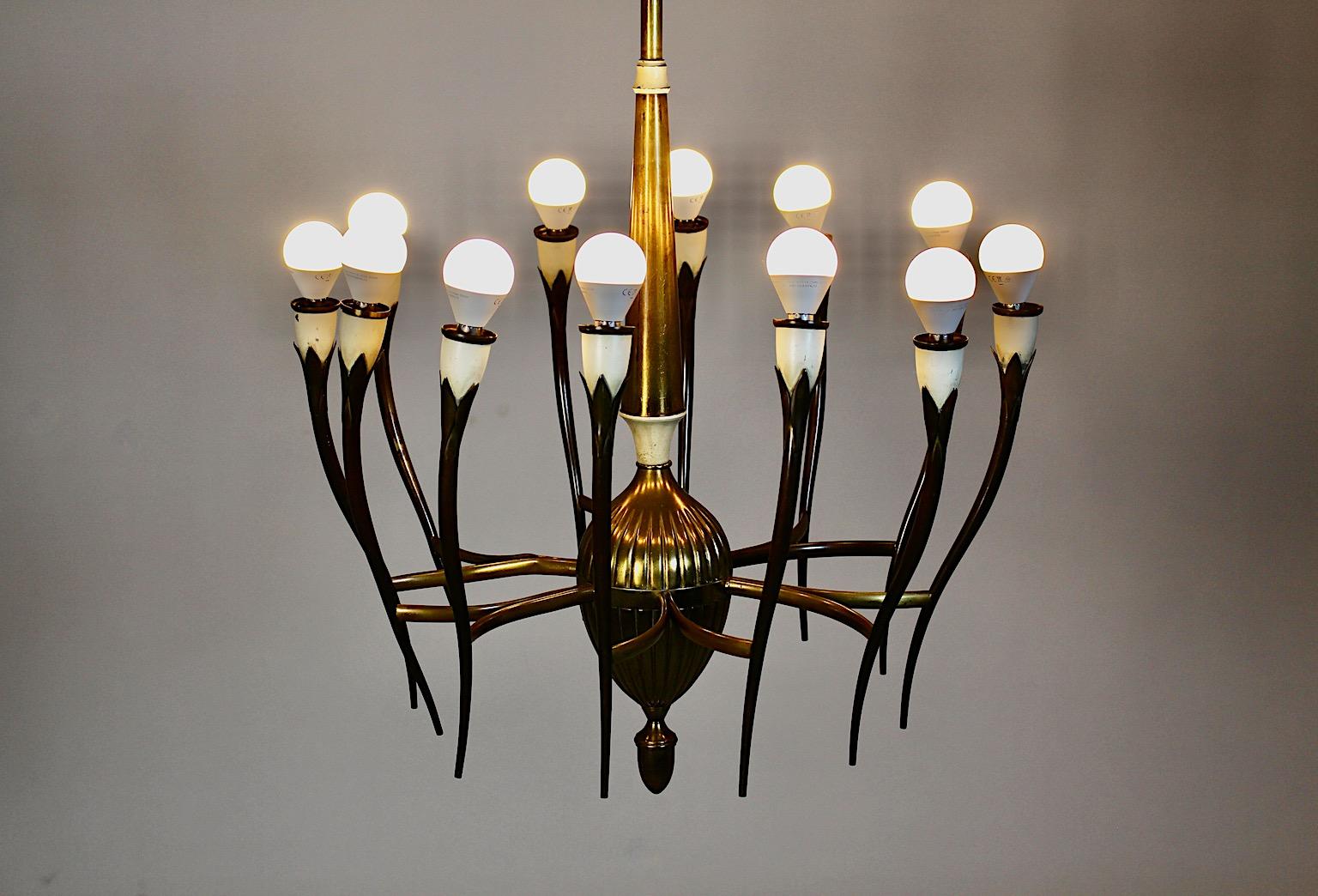 Mid Century Modern Vintage Brass White Chandelier Twelve Arms Gio Ponti Italy For Sale 11
