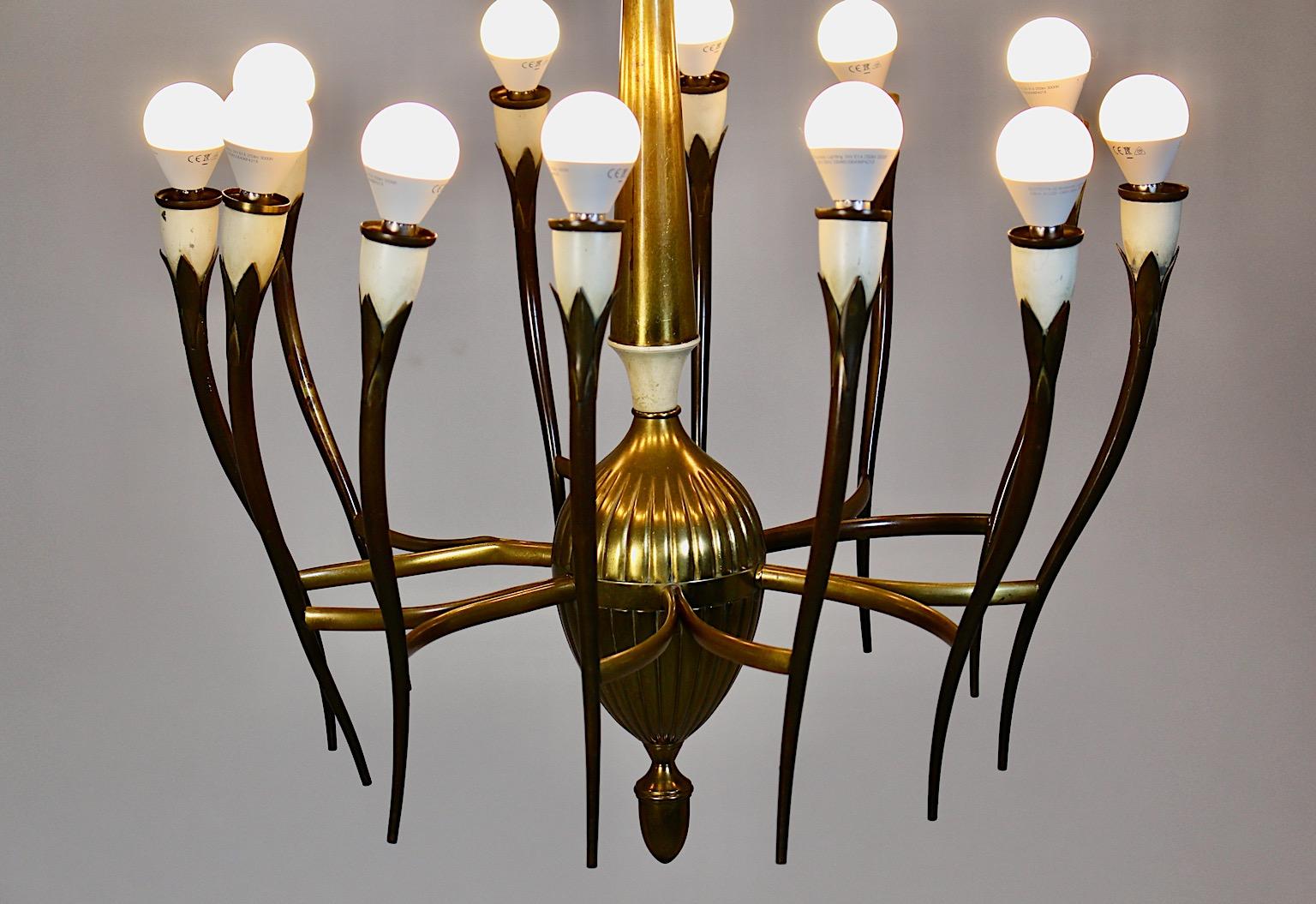 Mid Century Modern Vintage Brass White Chandelier Twelve Arms Gio Ponti Italy For Sale 12