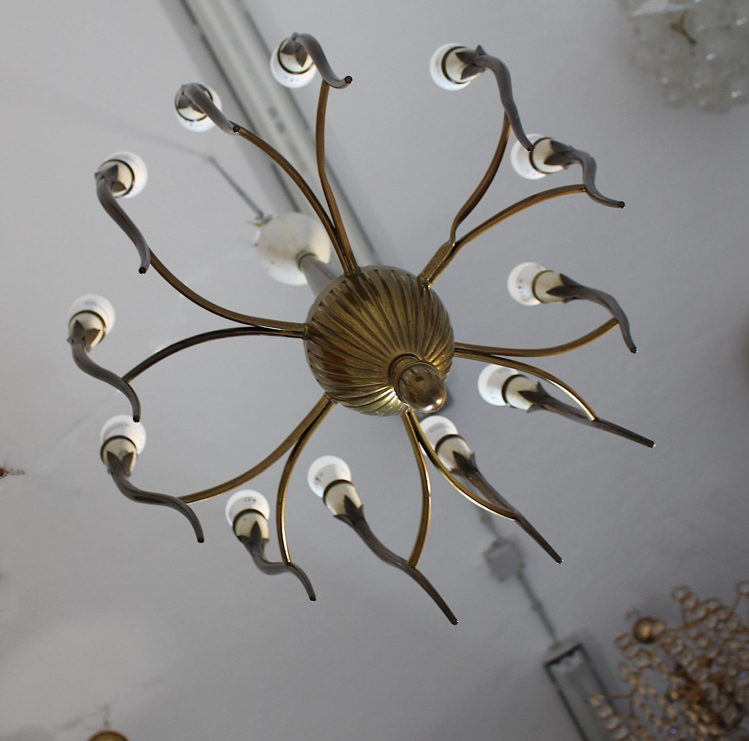 Mid Century Modern Vintage Brass White Chandelier Twelve Arms Gio Ponti Italy For Sale 13