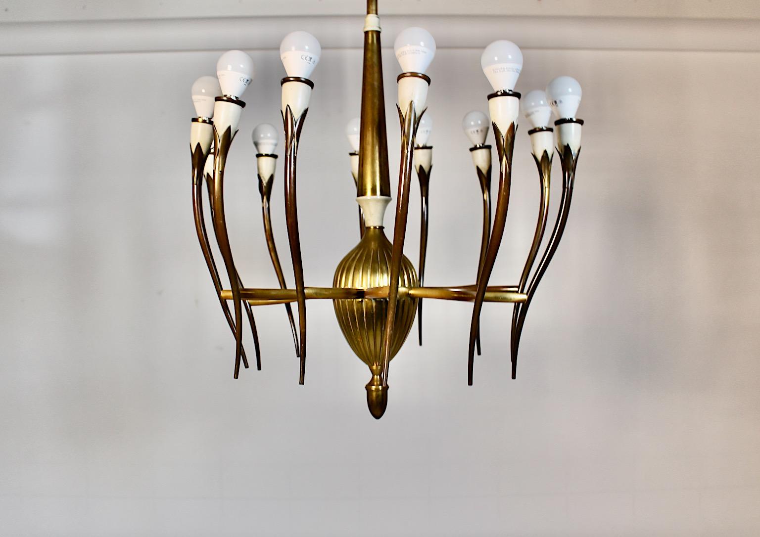 Mid-Century Modern Mid Century Modern Vintage Brass White Chandelier Twelve Arms Gio Ponti Italy For Sale