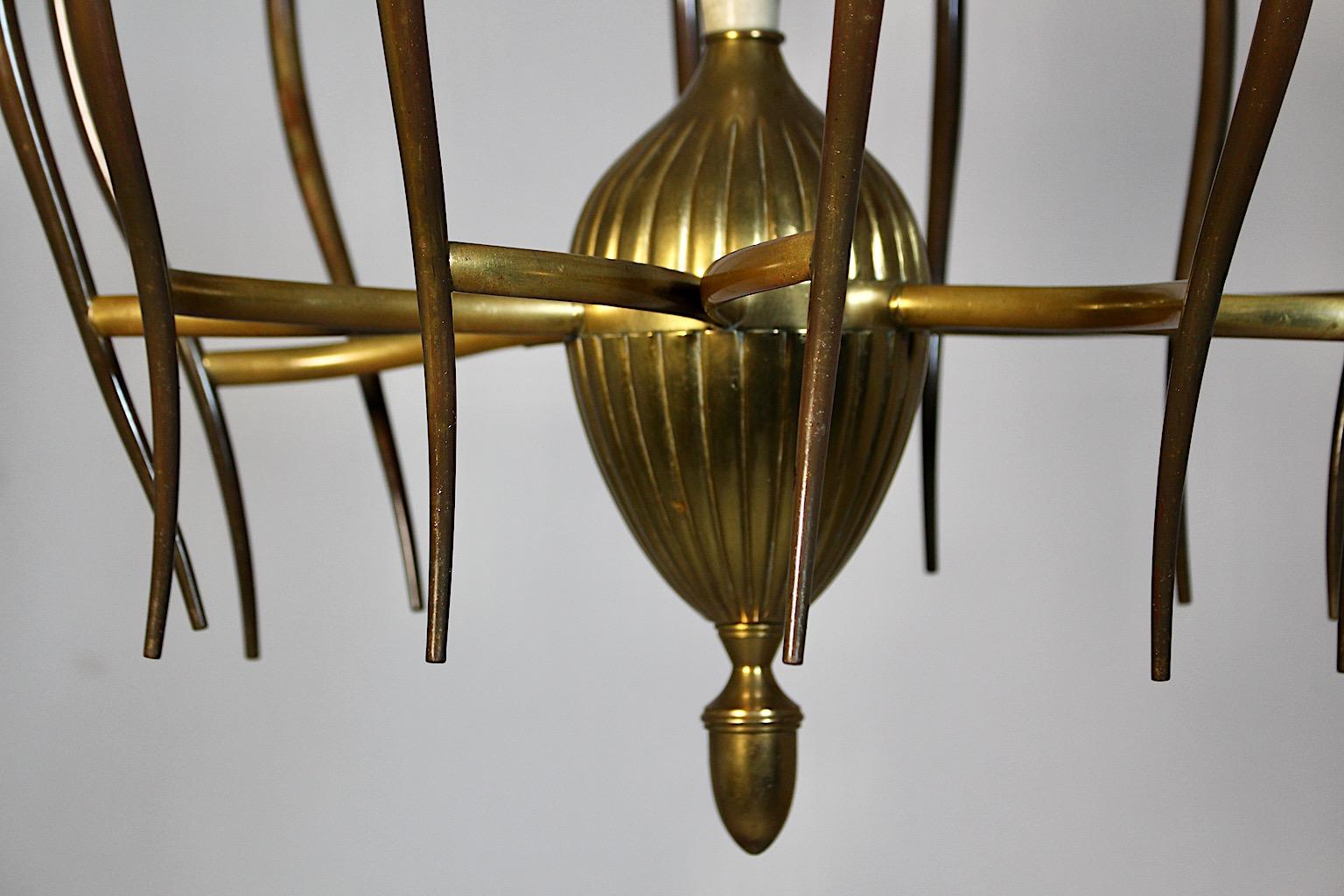 Italian Mid Century Modern Vintage Brass White Chandelier Twelve Arms Gio Ponti Italy For Sale