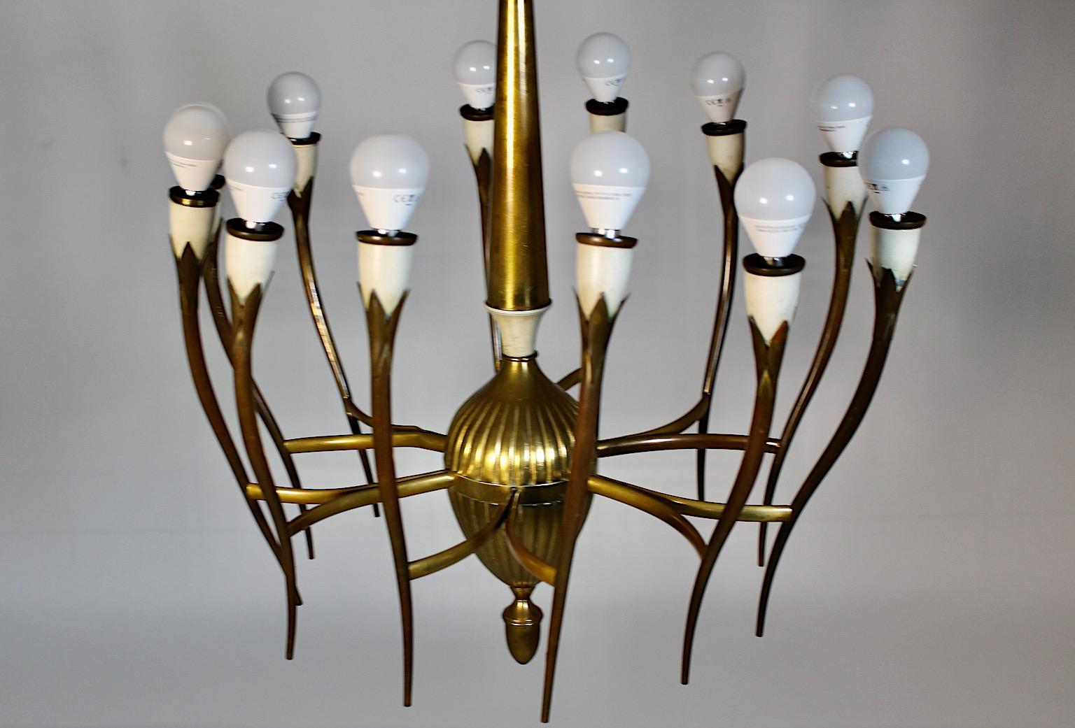 Mid Century Modern Vintage Brass White Chandelier Twelve Arms Gio Ponti Italy In Fair Condition For Sale In Vienna, AT