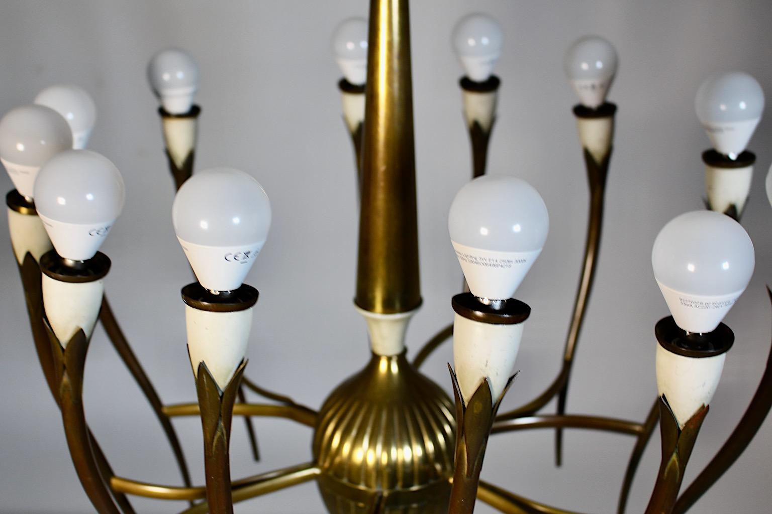 Mid-20th Century Mid Century Modern Vintage Brass White Chandelier Twelve Arms Gio Ponti Italy For Sale