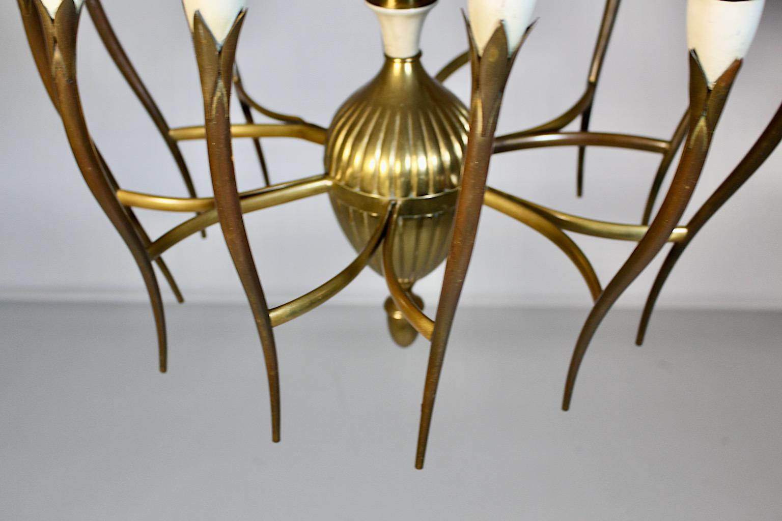 Metal Mid Century Modern Vintage Brass White Chandelier Twelve Arms Gio Ponti Italy For Sale