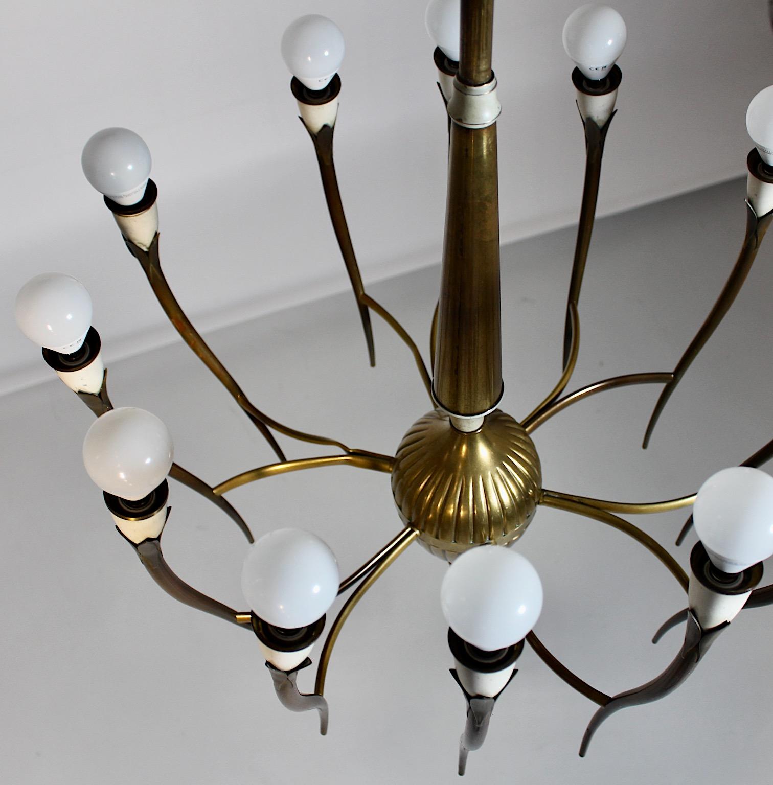 Mid Century Modern Vintage Brass White Chandelier Twelve Arms Gio Ponti Italy For Sale 1