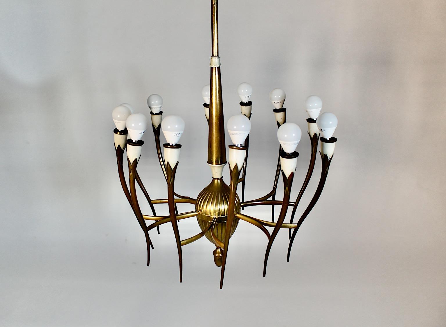 Mid Century Modern Vintage Brass White Chandelier Twelve Arms Gio Ponti Italy For Sale 2