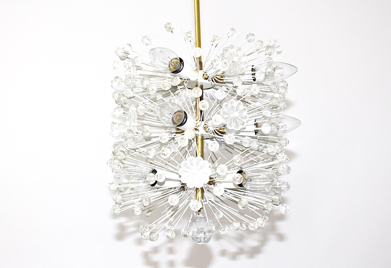 Austrian Mid-Century Modern Vintage Brass White Flower Dandelion Chandelier Rupert Nikoll For Sale