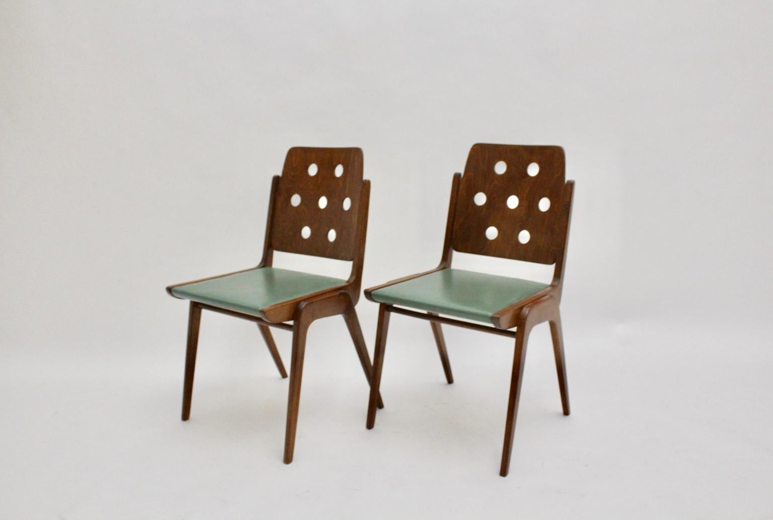 Austrian Mid-Century Modern Vintage Brown and Green Dining Chairs by Franz Schuster 1950s