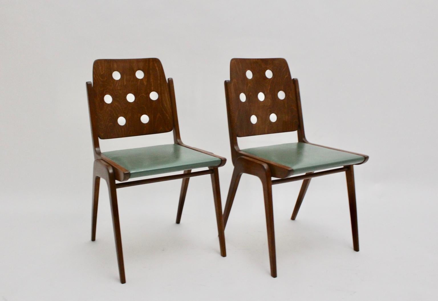 Mid-Century Modern Vintage Brown and Green Dining Chairs by Franz Schuster 1950s In Good Condition In Vienna, AT