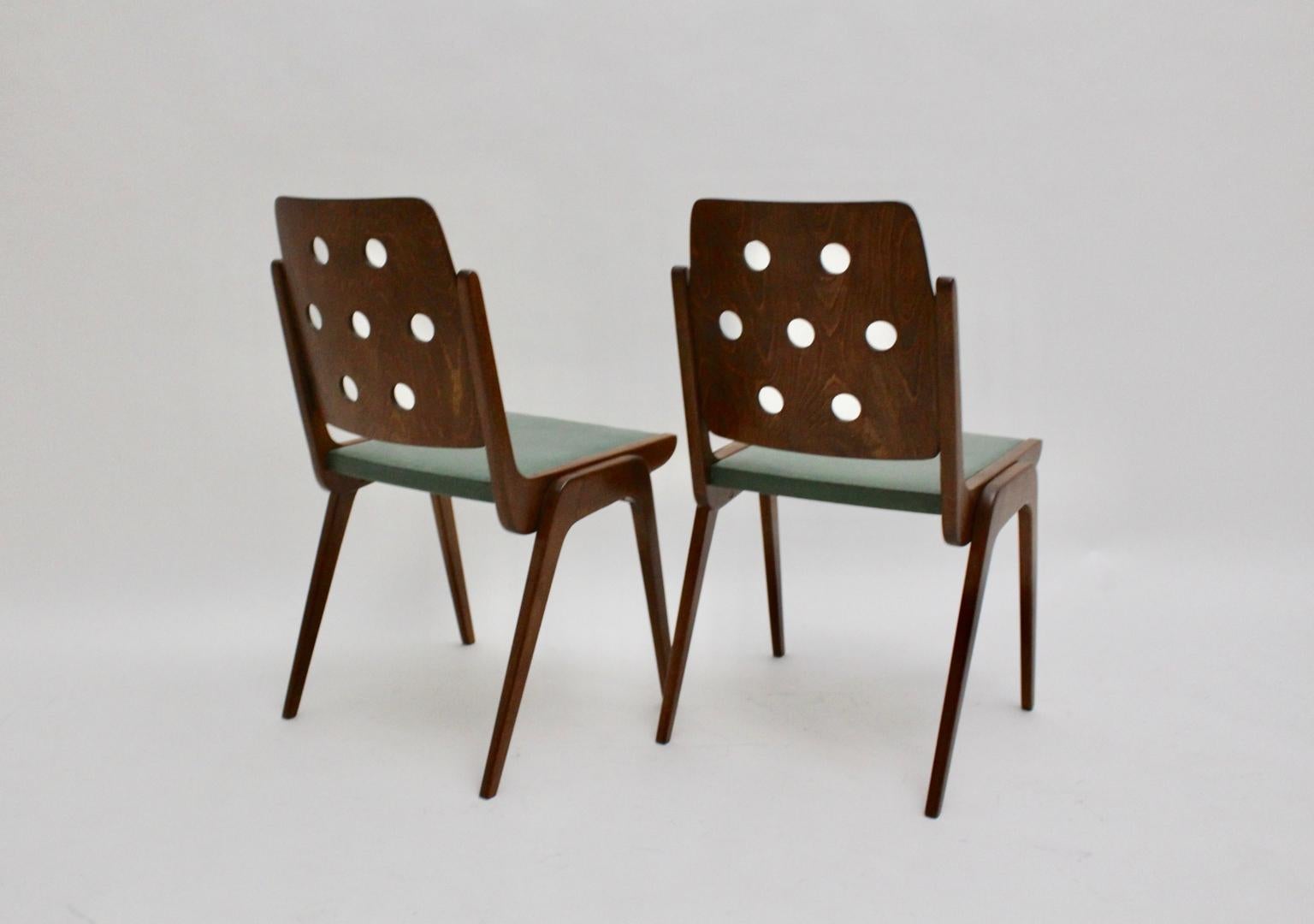 Faux Leather Mid-Century Modern Vintage Brown and Green Dining Chairs by Franz Schuster 1950s