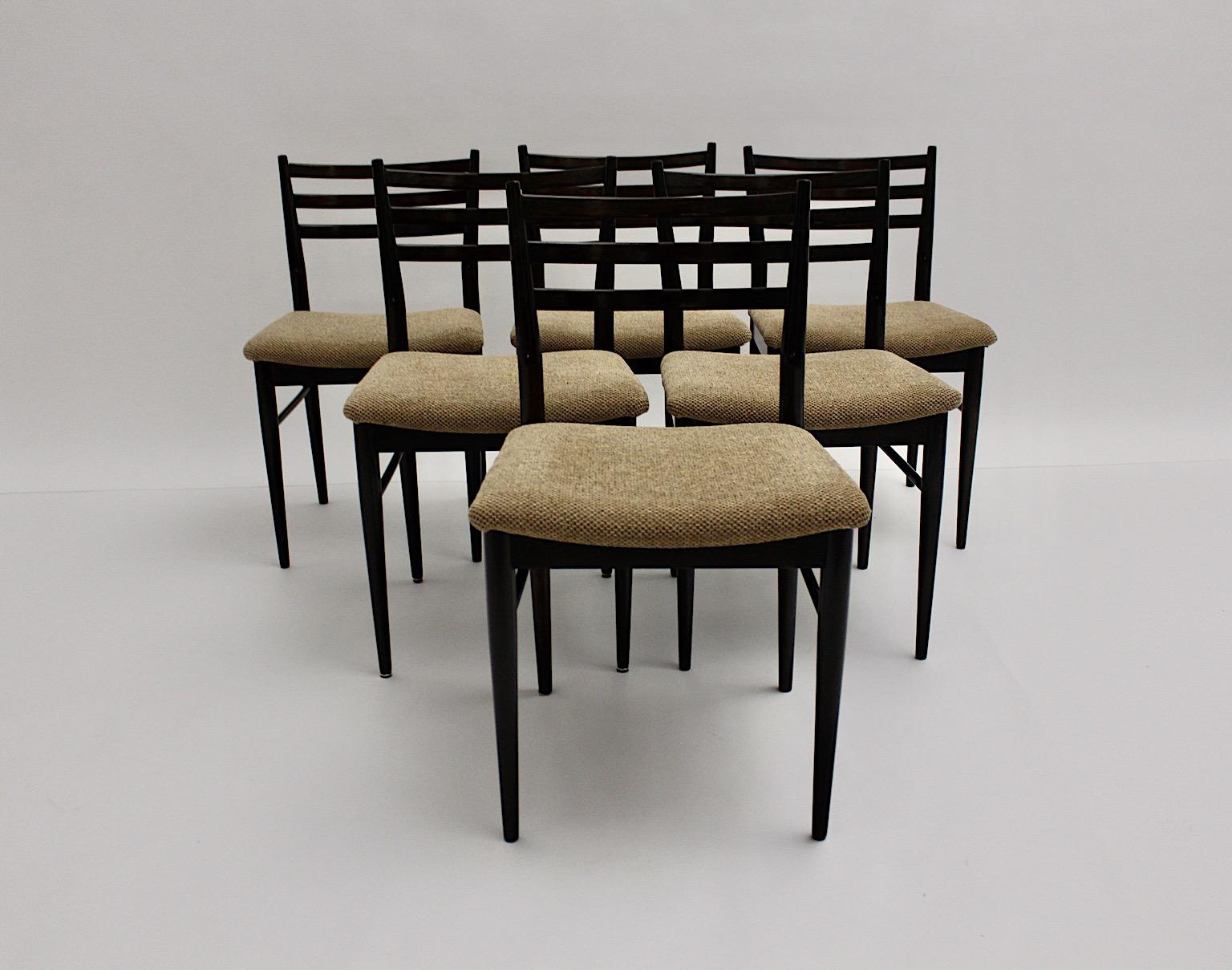 Mid-Century Modern Vintage sechs Esszimmerstühle oder Stühle aus Buche im Stil von Gio Ponti 1960er Jahre Italien.
Ein wunderschönes Set von sechs Esszimmerstühlen in dunkelbraun gebeizter Farbe mit neu gepolstertem Sitz, bezogen mit gemütlichem