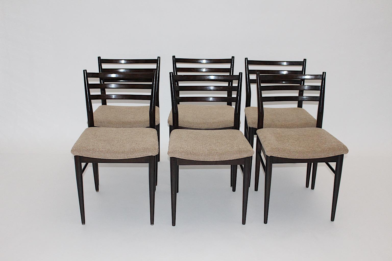 Italian Mid-Century Modern Vintage Brown Beech Six Gio Ponti Style Dining Chairs, 1960s For Sale