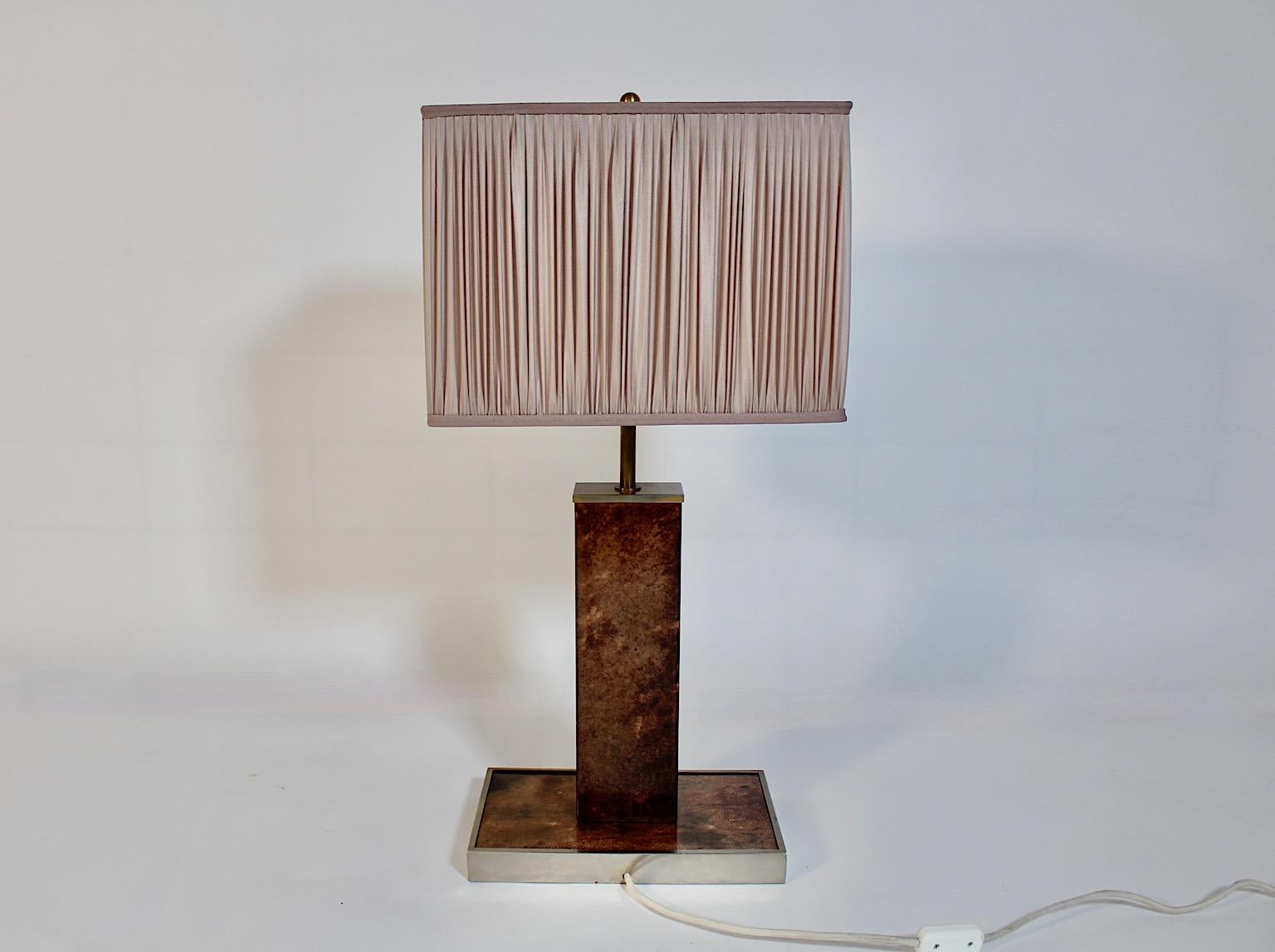Mid Century Modern Vintage Brown Goatskin Brass Table Lamp Aldo Tura 1960s Italy For Sale 4