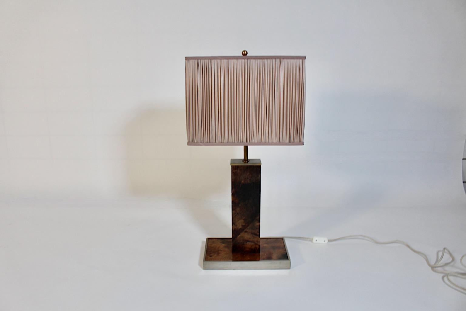 Mid Century Modern Vintage Brown Goatskin Brass Table Lamp Aldo Tura 1960s Italy For Sale 5