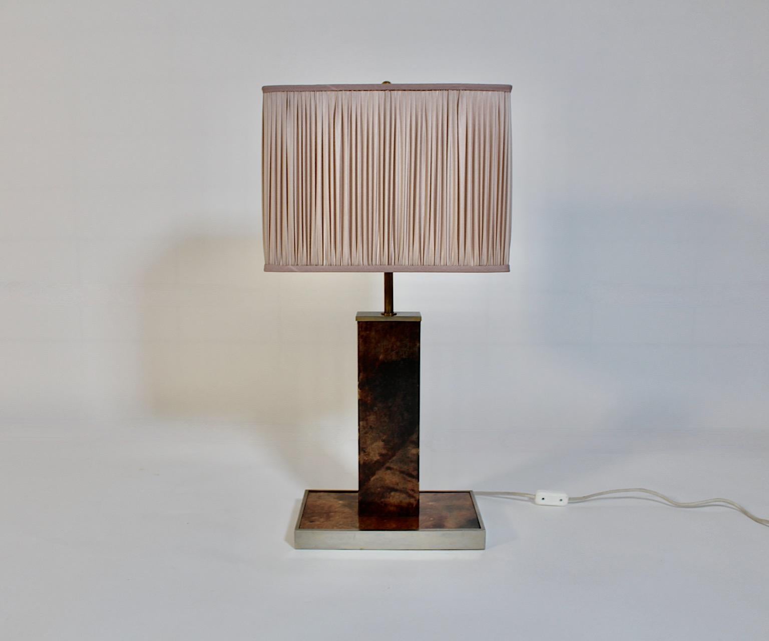 Mid Century Modern Vintage Brown Goatskin Brass Table Lamp Aldo Tura 1960s Italy For Sale 6