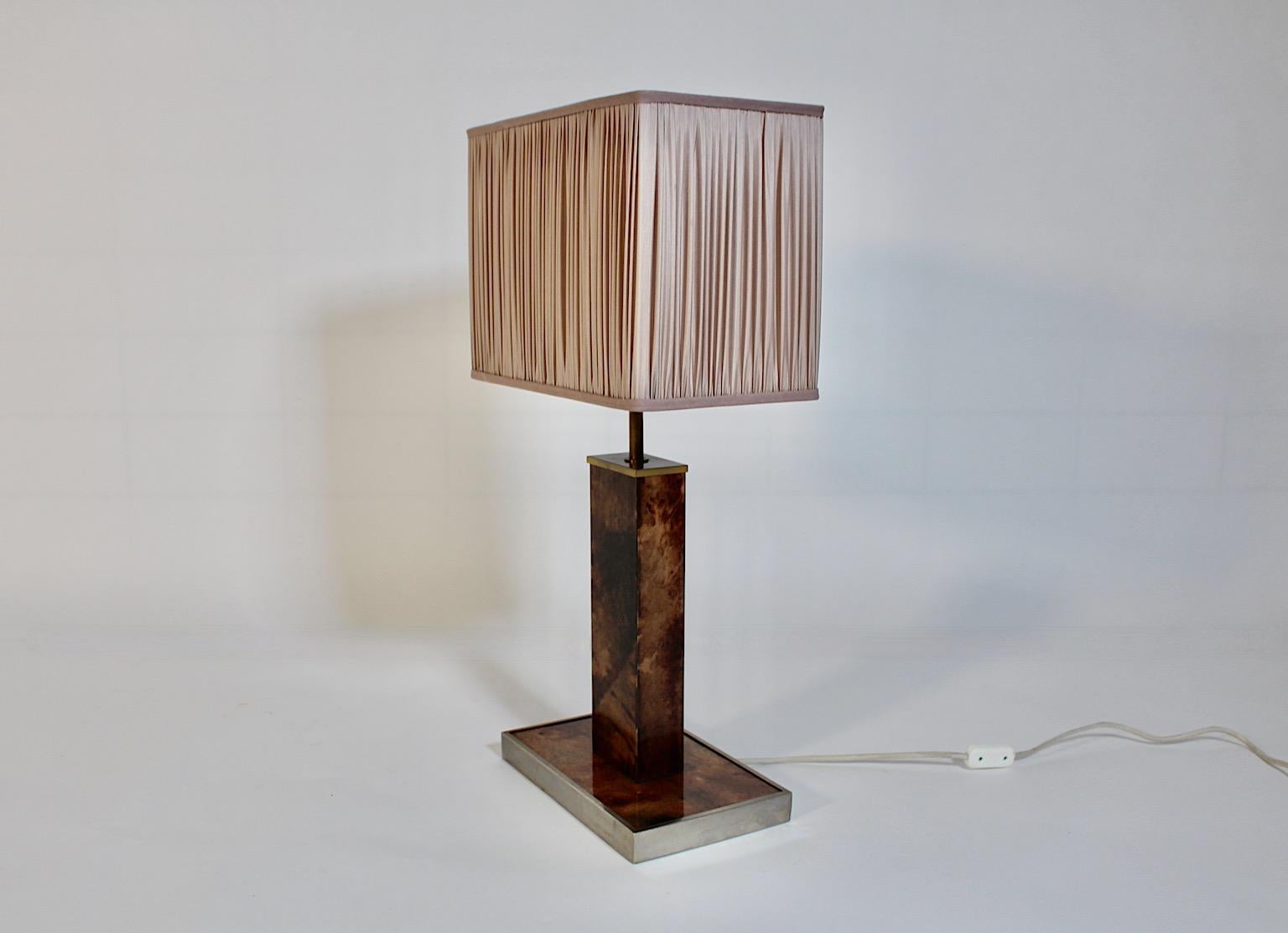 Mid Century Modern Vintage Brown Goatskin Brass Table Lamp Aldo Tura 1960s Italy For Sale 7
