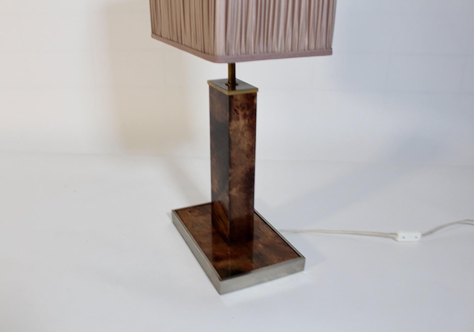 Mid Century Modern Vintage Brown Goatskin Brass Table Lamp Aldo Tura 1960s Italy For Sale 8