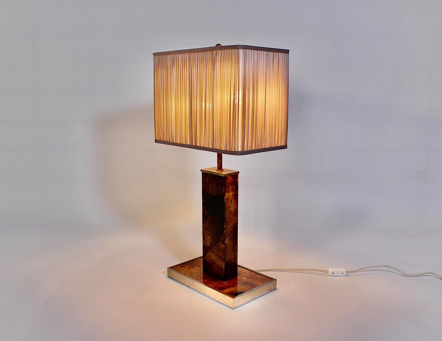 Mid-Century Modern Mid Century Modern Vintage Brown Goatskin Brass Table Lamp Aldo Tura 1960s Italy For Sale