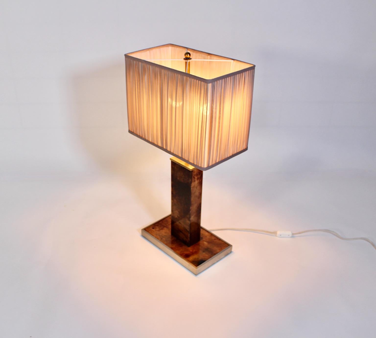 Italian Mid Century Modern Vintage Brown Goatskin Brass Table Lamp Aldo Tura 1960s Italy For Sale