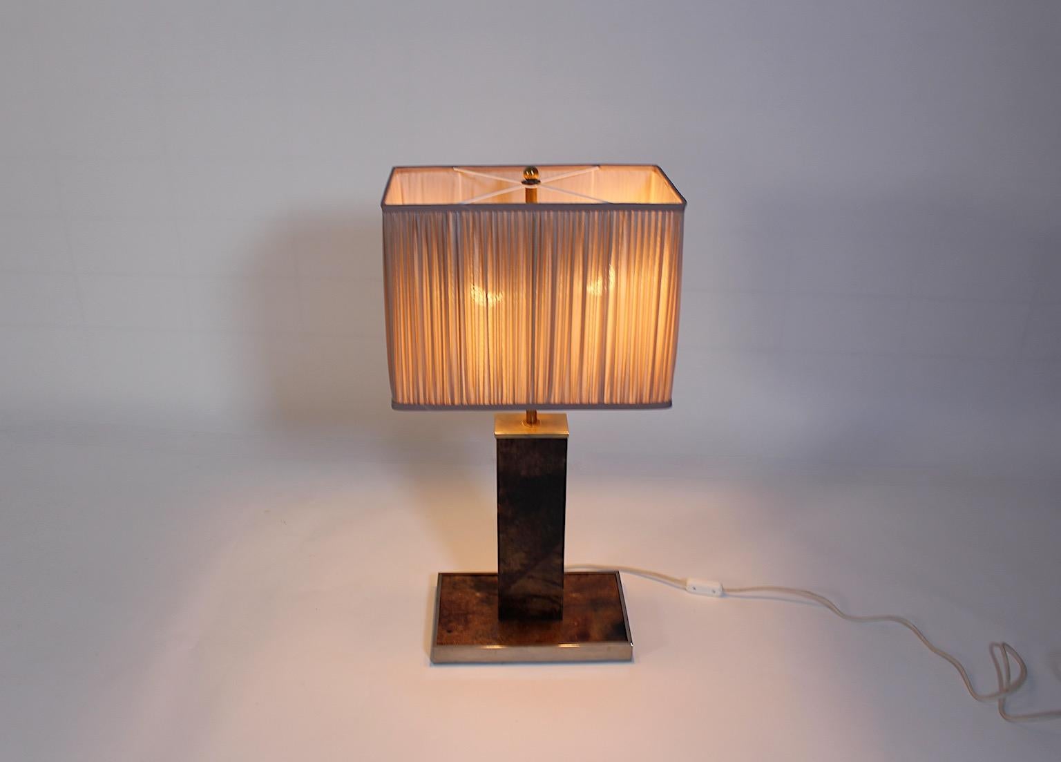 Mid Century Modern Vintage Brown Goatskin Brass Table Lamp Aldo Tura 1960s Italy In Good Condition For Sale In Vienna, AT