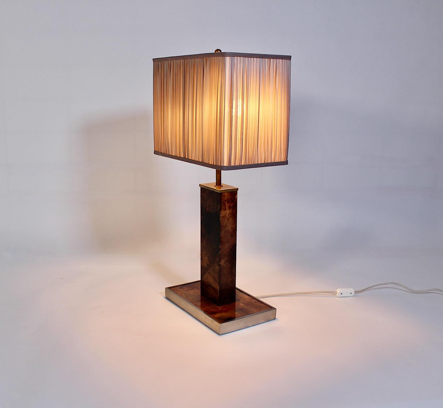 20th Century Mid Century Modern Vintage Brown Goatskin Brass Table Lamp Aldo Tura 1960s Italy For Sale