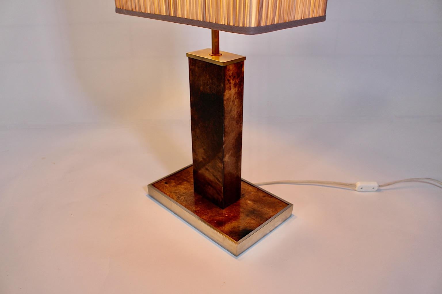 Mid Century Modern Vintage Brown Goatskin Brass Table Lamp Aldo Tura 1960s Italy For Sale 2