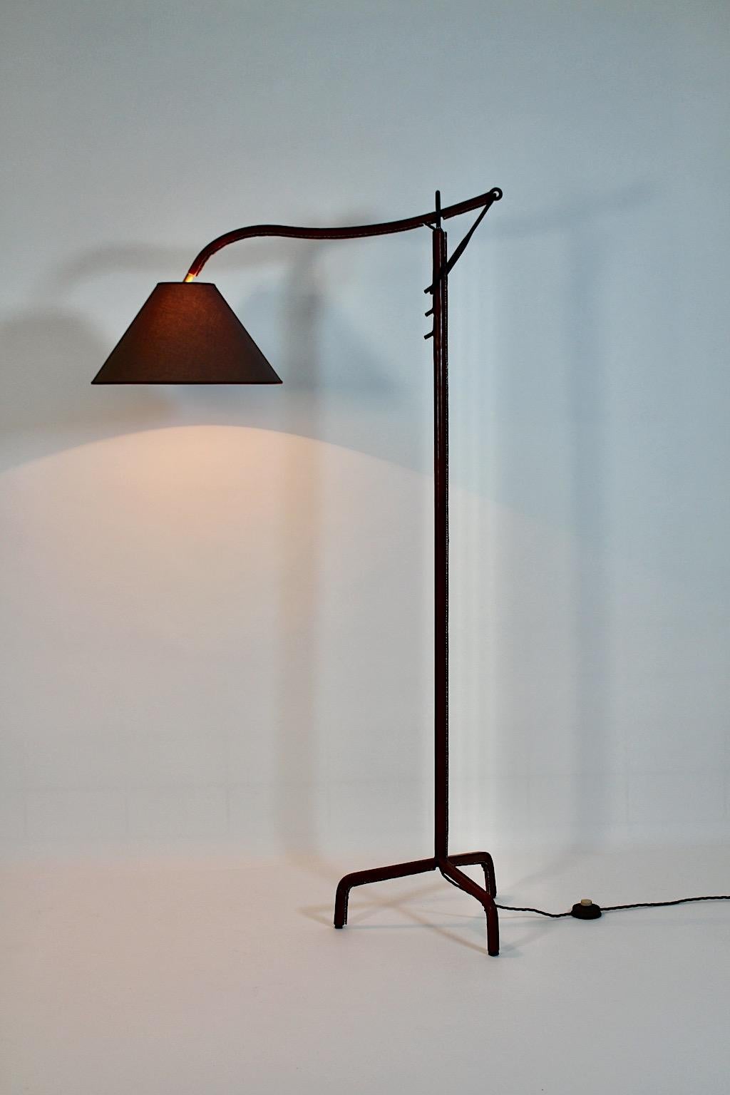 Mid-Century Modern Vintage Brown Leather Black Metal Floor Lamp Jacques Adnet For Sale 5