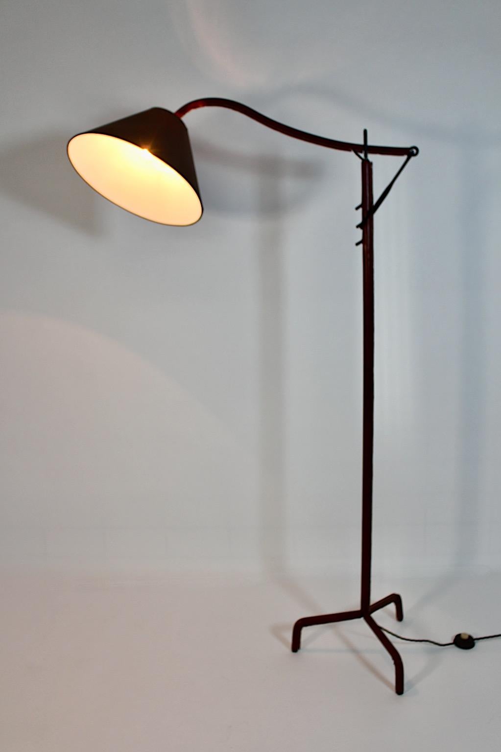 Mid-Century Modern Vintage Brown Leather Black Metal Floor Lamp Jacques Adnet For Sale 6