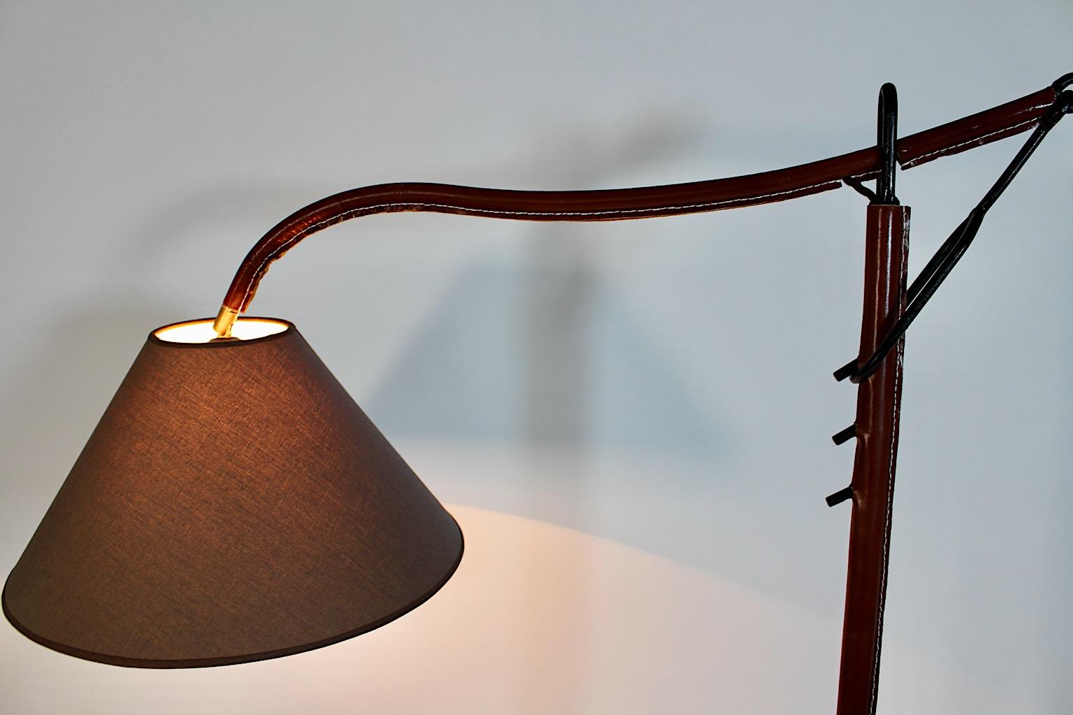 Mid-Century Modern Vintage Brown Leather Black Metal Floor Lamp Jacques Adnet For Sale 8
