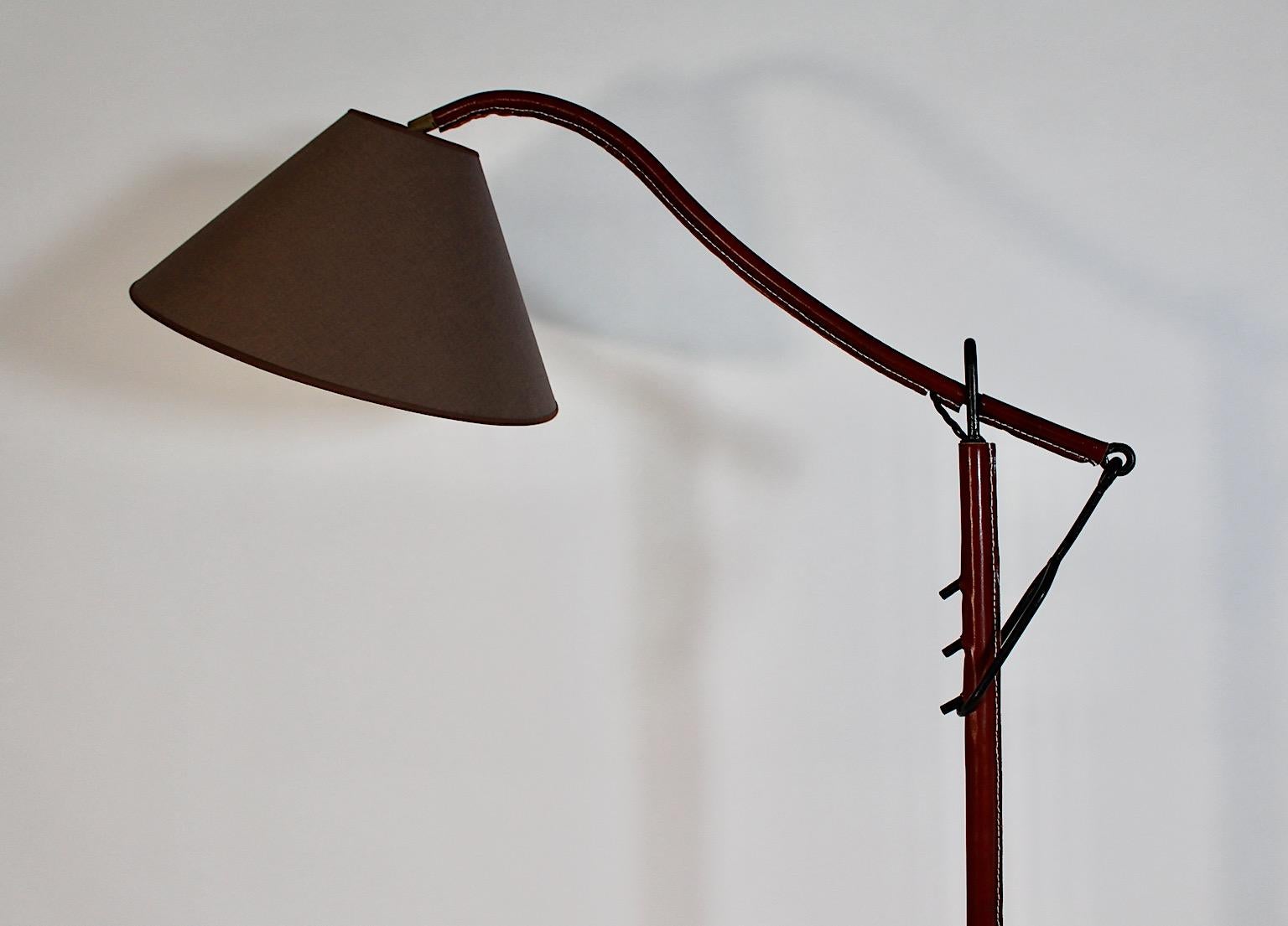 Mid-Century Modern Vintage Brown Leather Black Metal Floor Lamp Jacques Adnet For Sale 12
