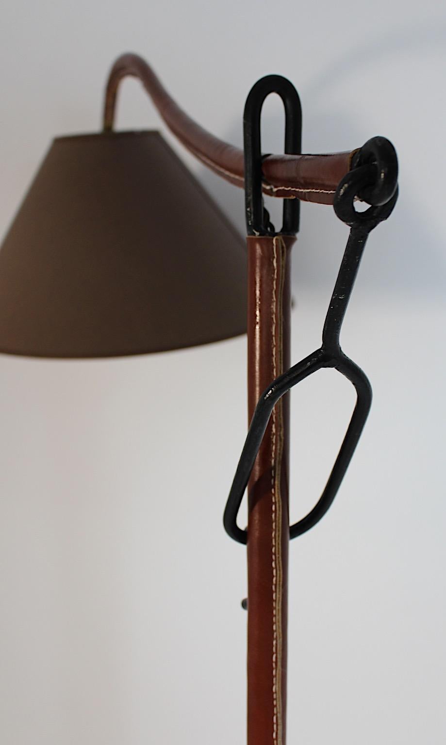 Mid-Century Modern Vintage Brown Leather Black Metal Floor Lamp Jacques Adnet For Sale 14