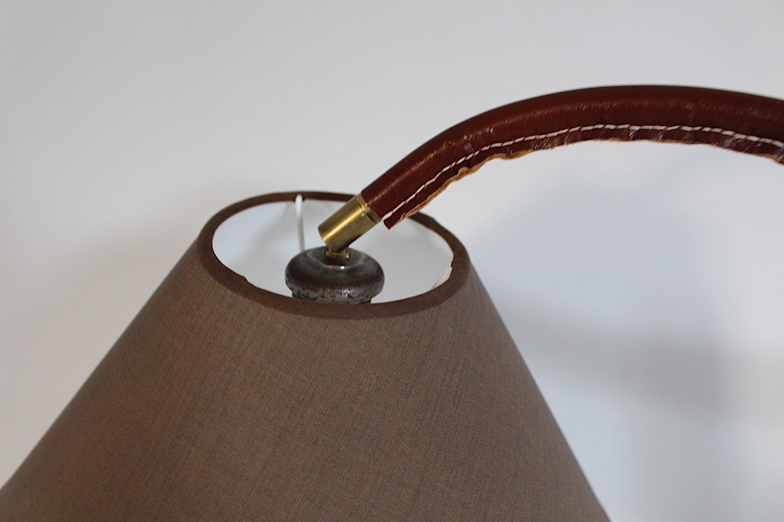 Mid-Century Modern Vintage Brown Leather Black Metal Floor Lamp Jacques Adnet For Sale 15