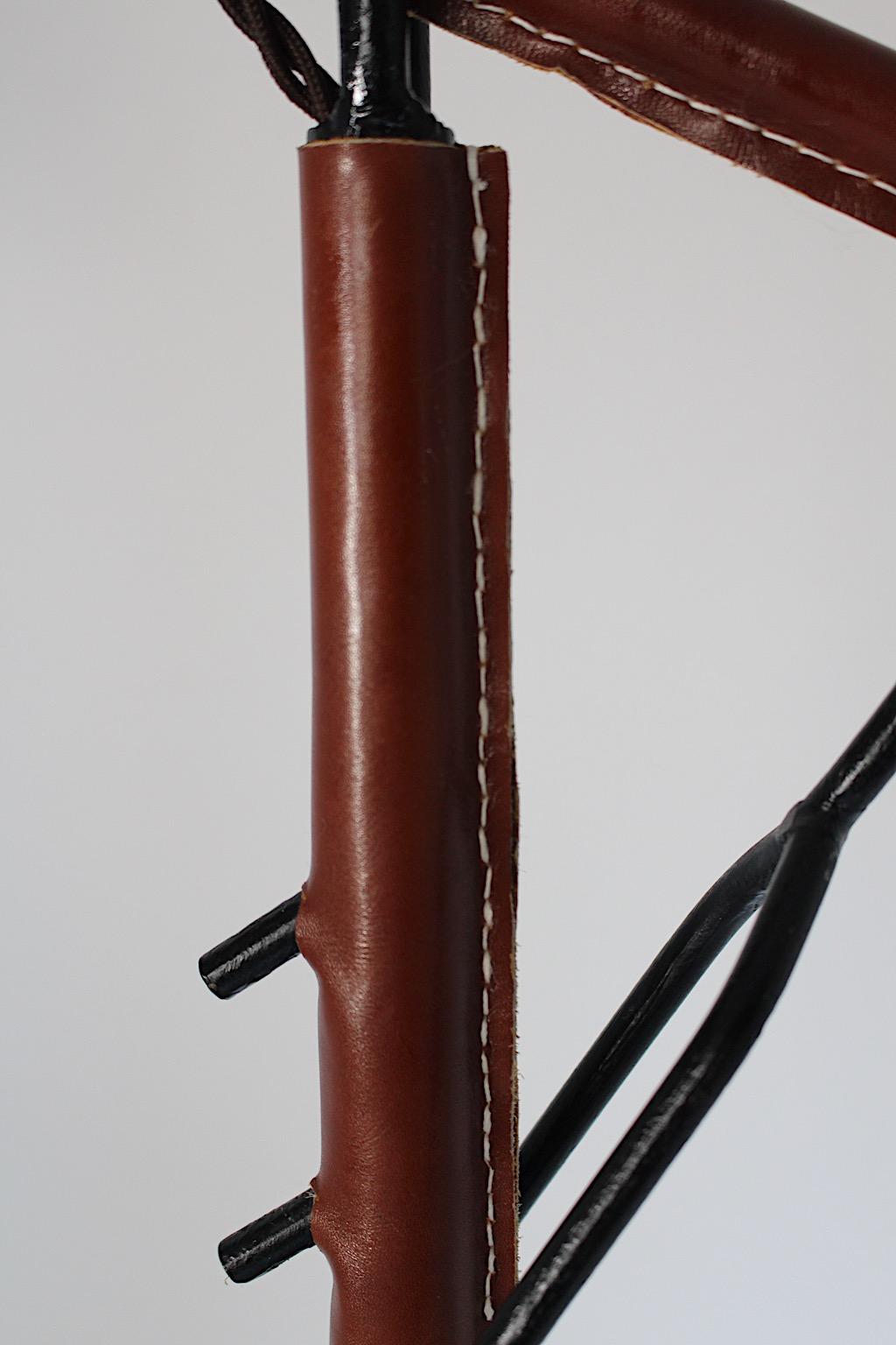 Mid-Century Modern Vintage Brown Leather Black Metal Floor Lamp Jacques Adnet For Sale 1