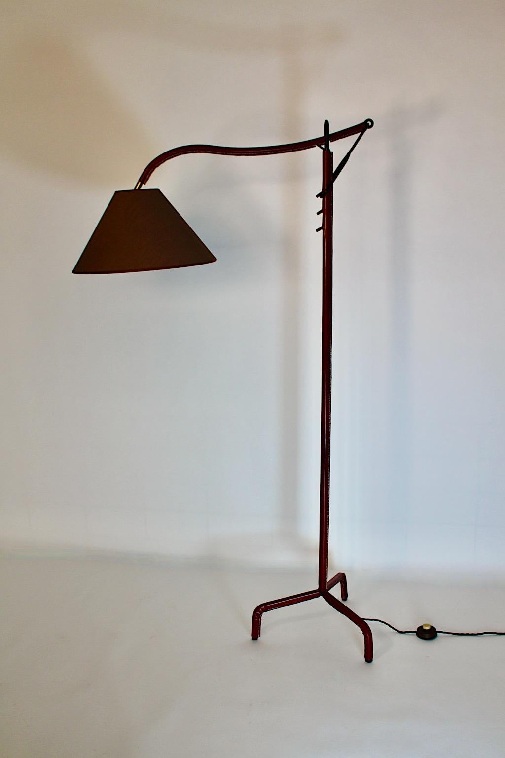 Mid-Century Modern Vintage Brown Leather Black Metal Floor Lamp Jacques Adnet For Sale 2