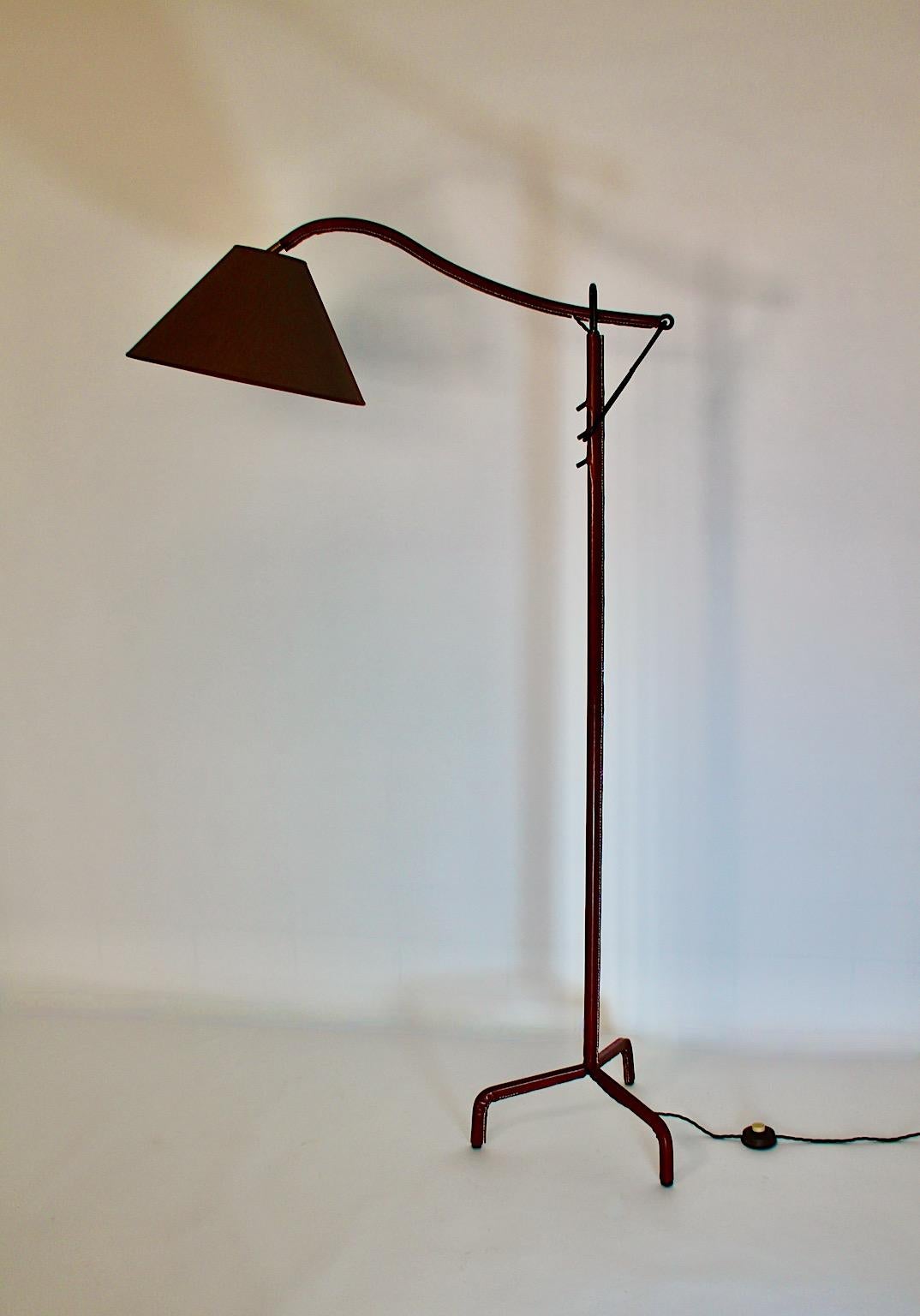 Mid-Century Modern Vintage Brown Leather Black Metal Floor Lamp Jacques Adnet For Sale 3