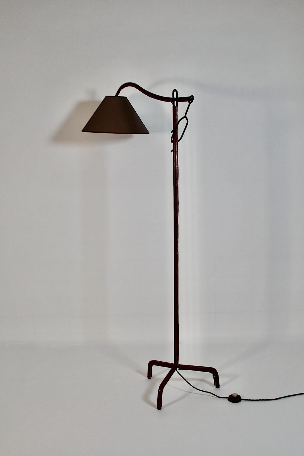 Mid-Century Modern Vintage Brown Leather Black Metal Floor Lamp Jacques Adnet For Sale 4