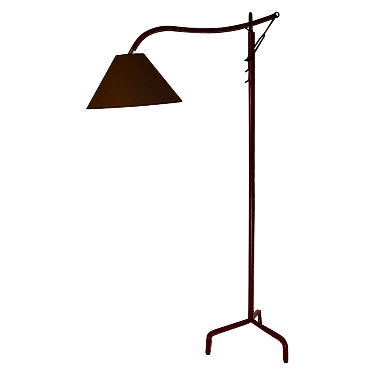 Lampadaire en métal noir, cuir marron, Vintage Mid Century Modern Jacques Adnet