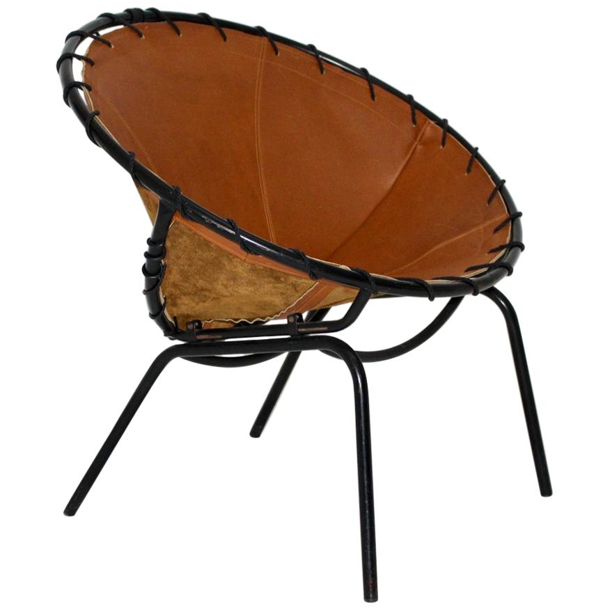 Fauteuil club en cuir marron vintage, moderne du milieu du siècle dernier, vers 1950