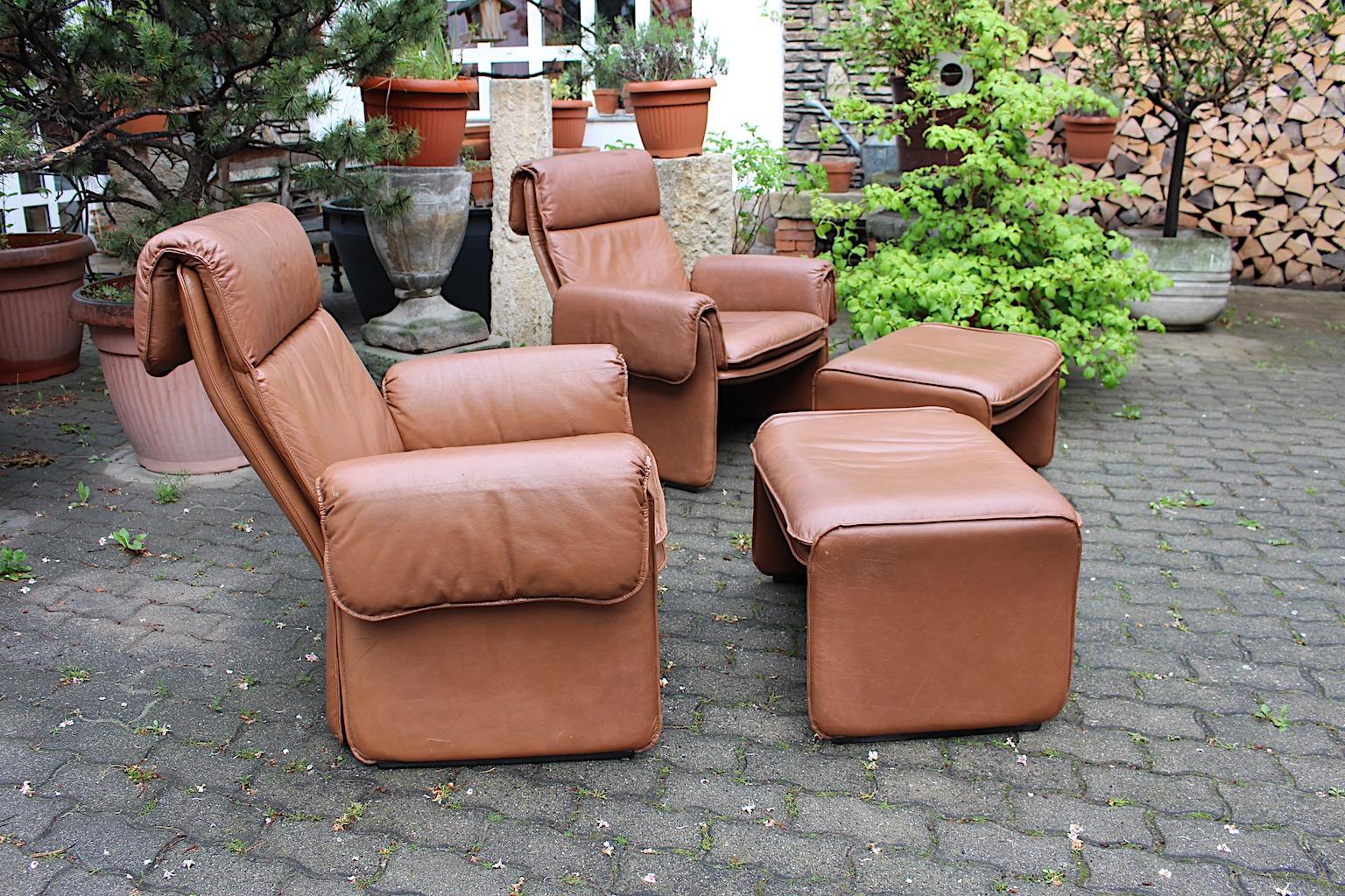 Mid-Century Modern Vintage Brown Leather Two Lounge Chairs and Ottoman 1960 For Sale 2