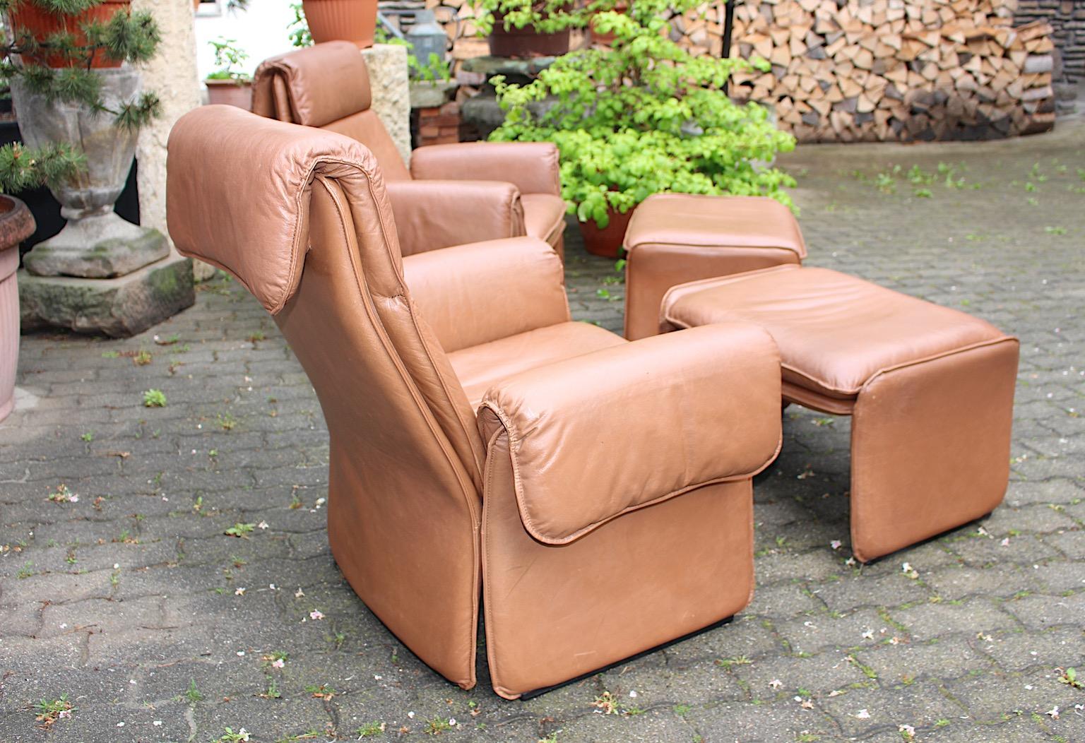 Mid-Century Modern Vintage Brown Leather Two Lounge Chairs and Ottoman 1960 For Sale 3