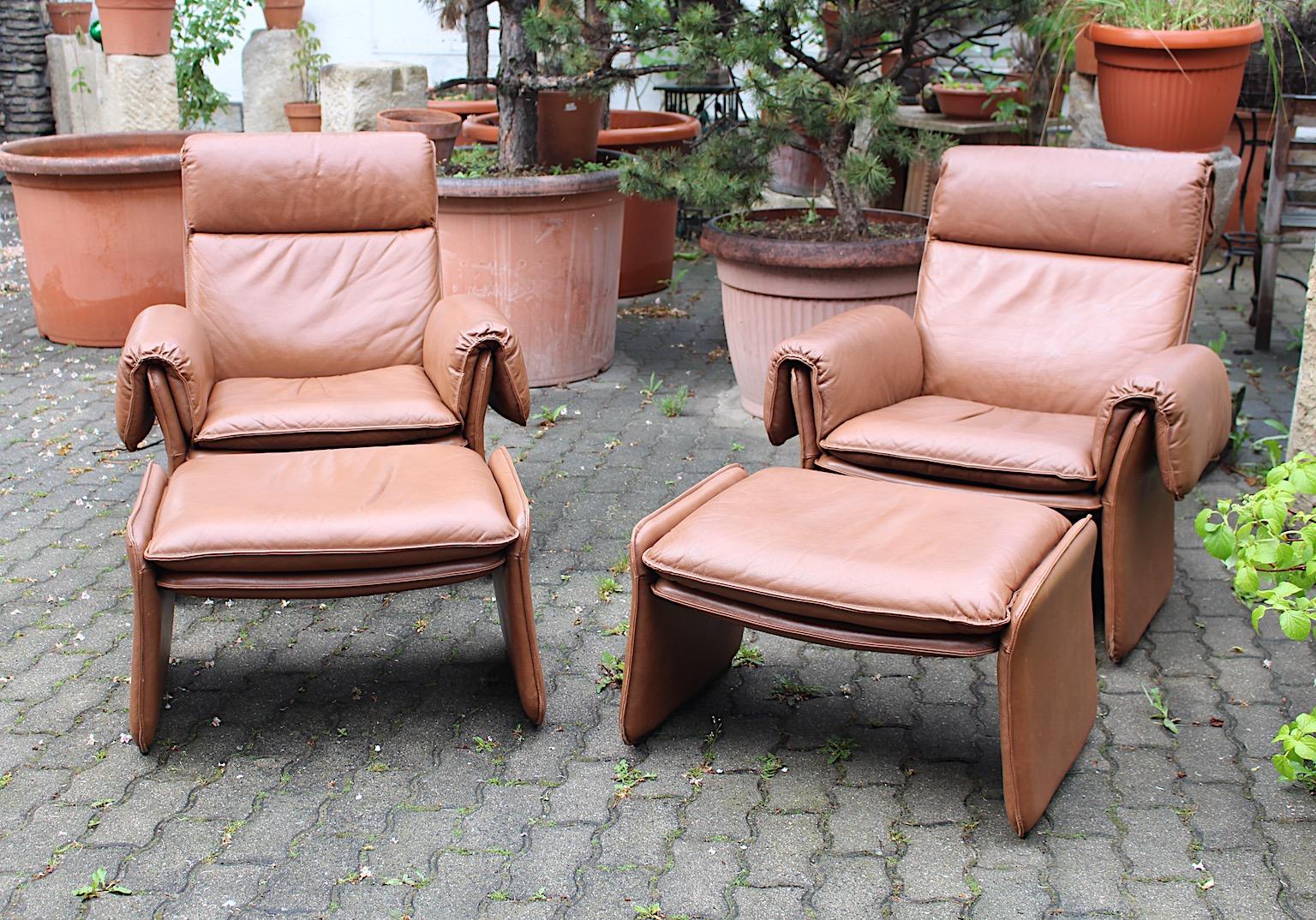 Mid-Century Modern Vintage Brown Leather Two Lounge Chairs and Ottoman 1960 For Sale 4