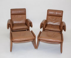 Mid-Century Modern Vintage Brown Leather Two Lounge Chairs and Ottoman 1960